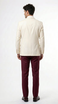Men’s Cream Ivory and Burgundy 3 Piece Tuxedo Suit, Vested Formal Wedding Prom Dinner Suit in Cream Off White Color