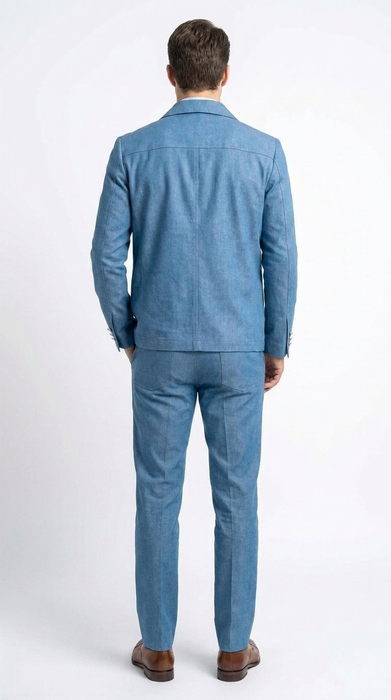 Men’s Light Blue Walking Suit – 2 Piece Casual Leisure Set with Zip Front Jacket Denim Style
