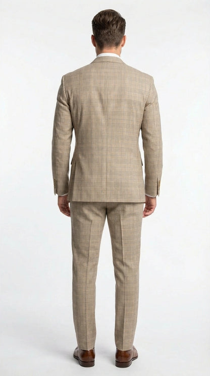 Vinci Men’s Beige Plaid Double Breasted Suit – Classic Checkered Formal Suit Set in Tan Color Windowpane Checkered Pattern