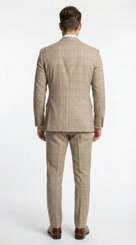 Vinci Men’s Beige Plaid Double Breasted Suit – Classic Checkered Formal Suit Set in Tan Color Windowpane Checkered Pattern