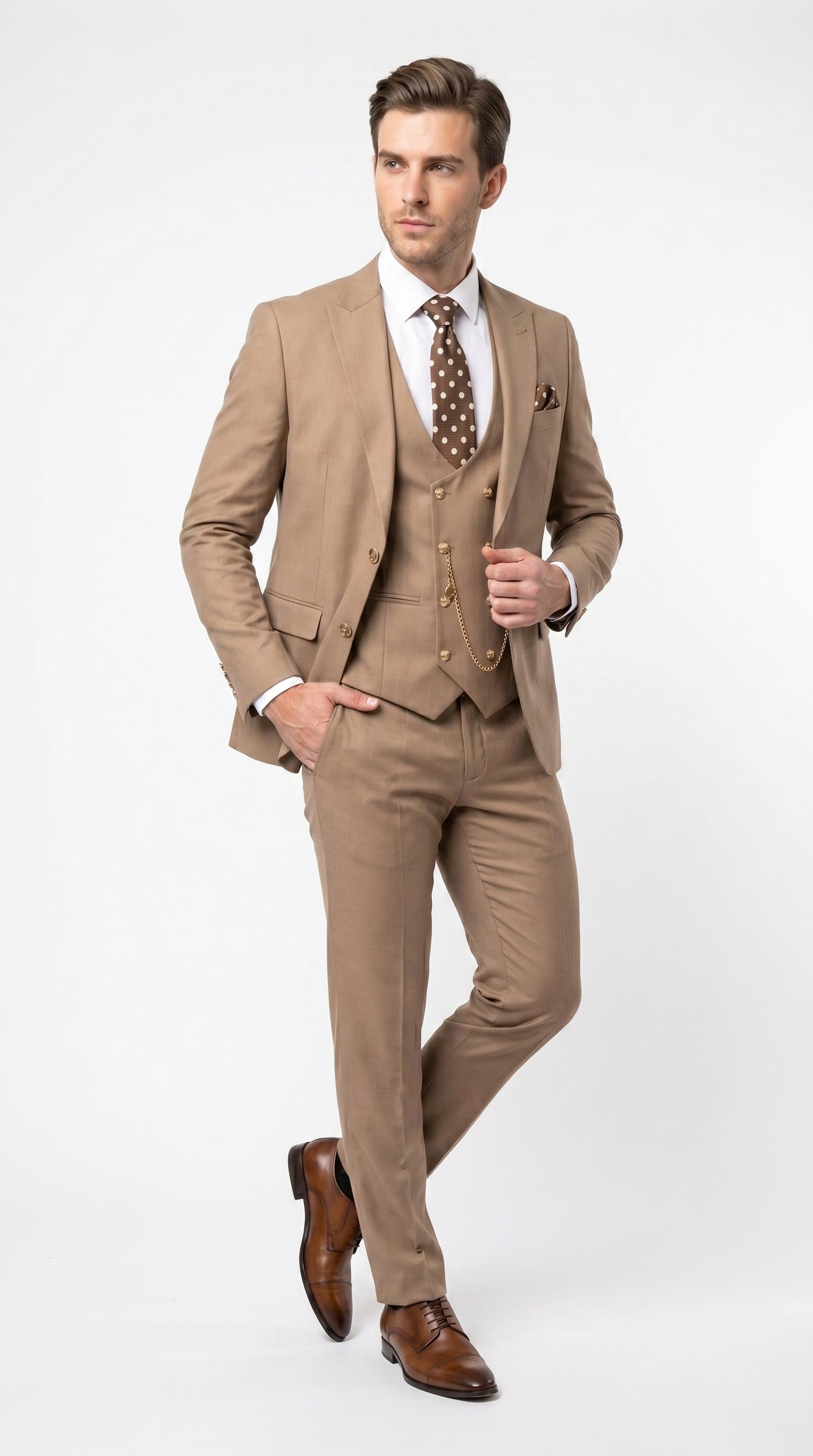 Men’s Rossiman Tan Suit with Gold Buttons, Peak Lapel Jacket and Double Breasted Vest Modern Fit