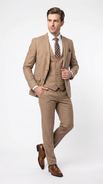 Men’s Rossiman Tan Suit with Gold Buttons, Peak Lapel Jacket and Double Breasted Vest Modern Fit