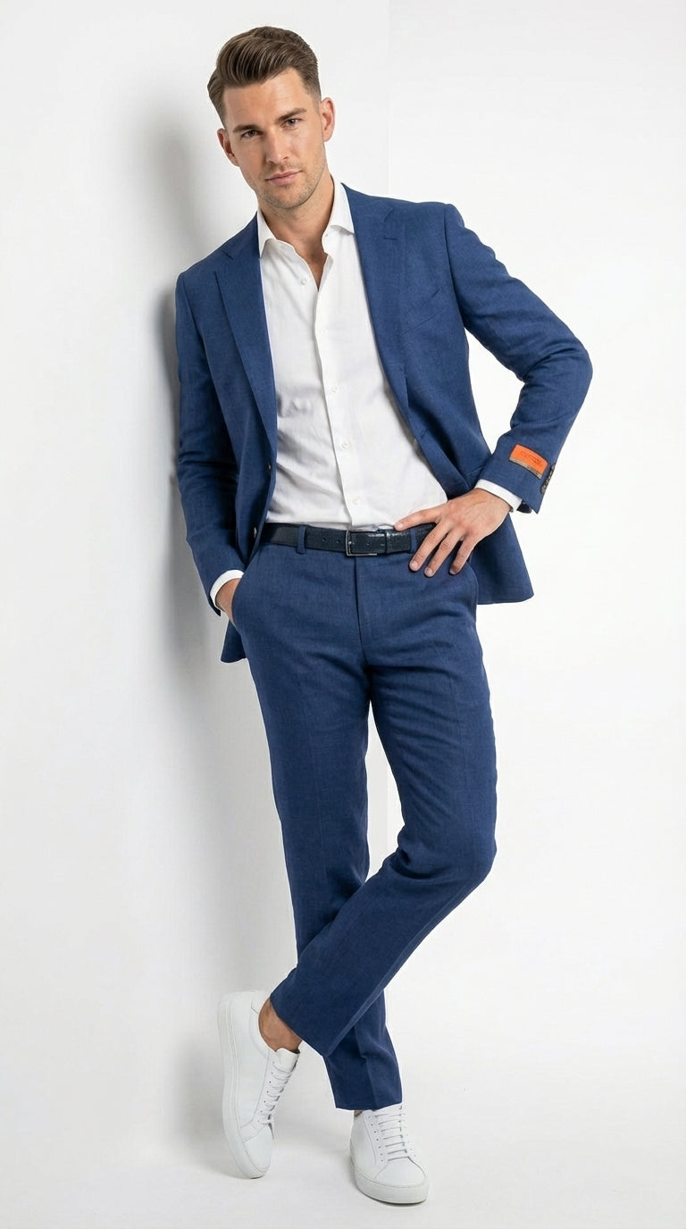 Mens Enzo Tovare Denim Blue Linen Summer Suit – Breathable Two Piece Suit for Wedding, Business, Travel Modern Fit