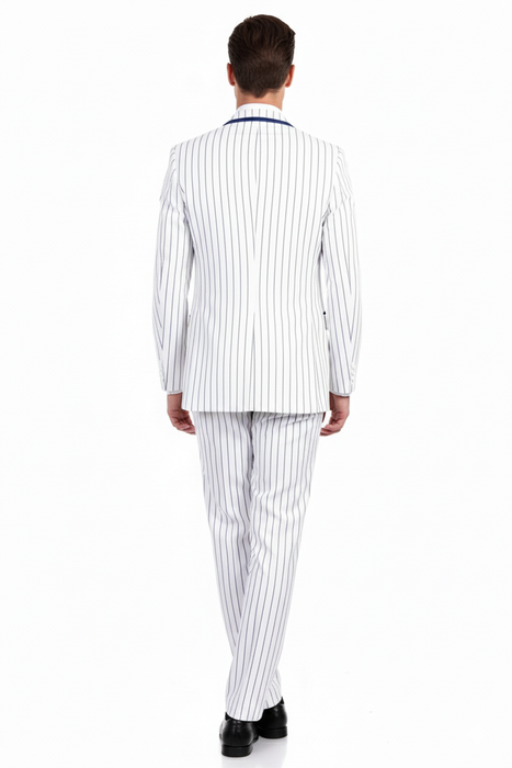 Men’s White and Royal Blue Pinstripe 3-Piece Suit – Classic Fit Blazer with Vest, Pants, and Tie