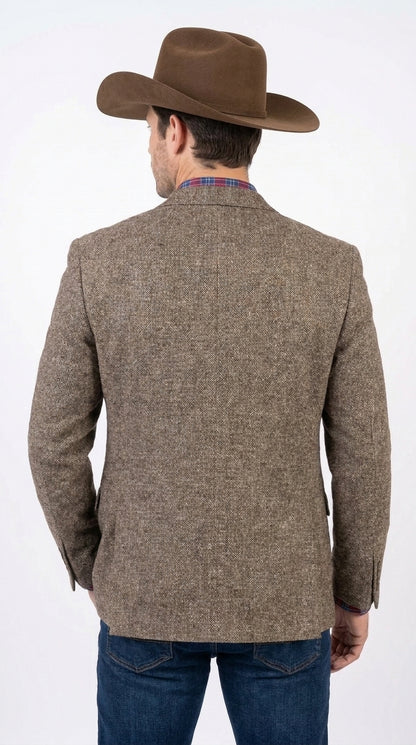 Men’s Light Brown Western Blazer – Textured Tweed Herringbone Cowboy Sport Coat for Rodeo, Country Taupe Dark Tan Color Wool Fabric