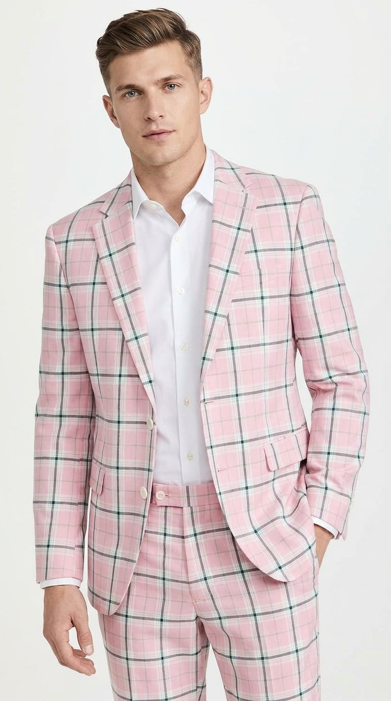 Men’s Pink Plaid Suit with Check Pattern Blazer and Matching Pants, Formal Wedding Party Dress Suit