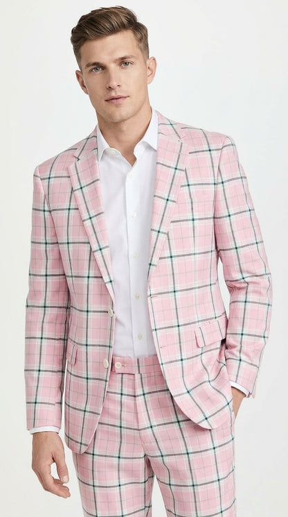 Men’s Pink Plaid Suit with Check Pattern Blazer and Matching Pants, Formal Wedding Party Dress Suit