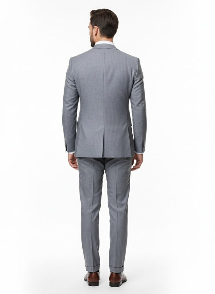 Mens Grey Tone on Tone Double-Breasted Suit – Classic Slim Fit 2 Piece Formal Business Gray Shadow Stripe - Image 2