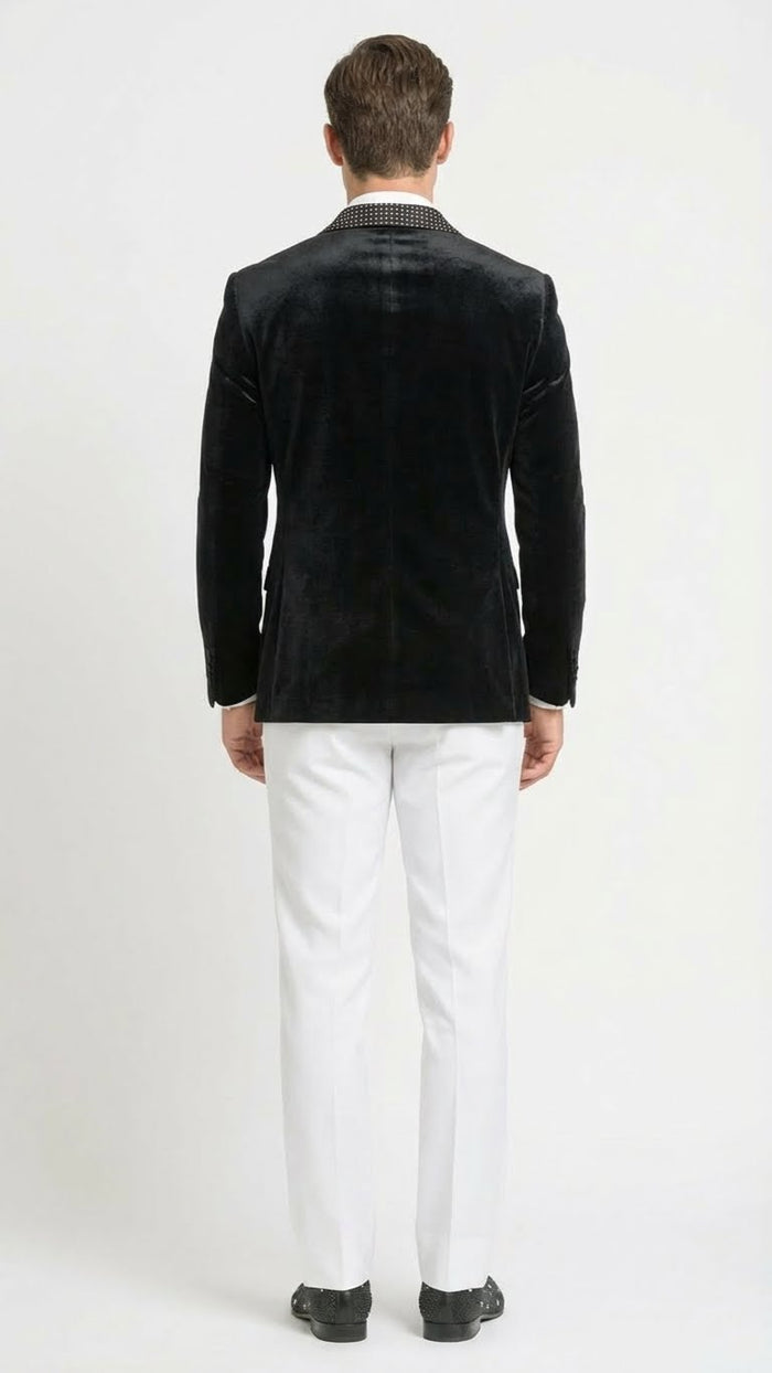 Men’s Black Velvet Tuxedo Blazer with Studded Lapel – Formal Evening Jacket