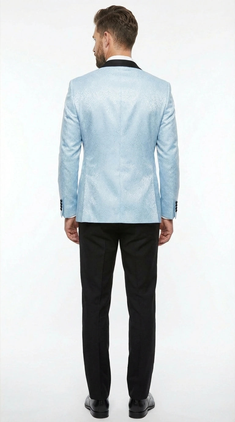 Men’s Baby Blue Tuxedo Blazer with Black Lapel – Formal Dinner Jacket for Wedding, Prom and Evening Events  in Sky Light Blue Color