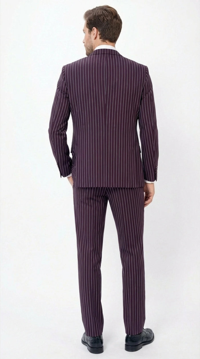 Men’s Plum Eggplant Pinstripe 3 Piece Suit – Burgundy Purple Formal Suit  Gangster 1920s Mafia Pimp Suit Modern Fit