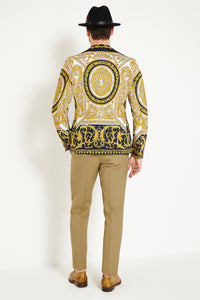 Men’s Black and Gold Baroque Blazer with Matching Pants, Hat, and Shoes – Luxury Party and Wedding Outfit Set