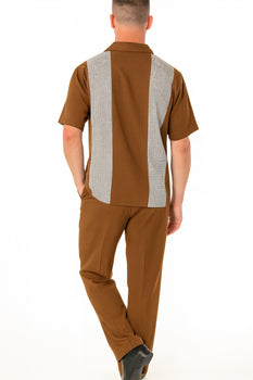 Men’s Cognac Tan Two-Piece Outfit – Short Sleeve Button-Up Shirt and Pants Set