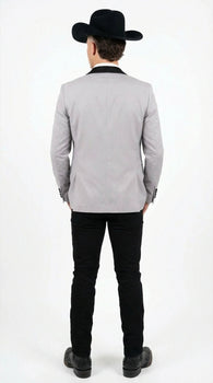 Men’s Light Gray Cowboy Tuxedo with Black Satin Lapel – Western Formal Suit with Double Breasted Vest