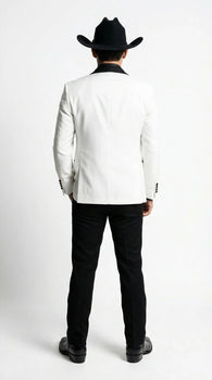Men’s White Cowboy Tuxedo with Black Satin Lapel – Western Formal Suit with Matching Vest