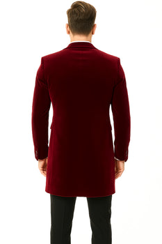 Men’s Burgundy Tuxedo in  Velvet  Long Blazer – Victorian Cutaway Tuxedo Suit 1920s Gangster Style Long Jacket with Black Pants