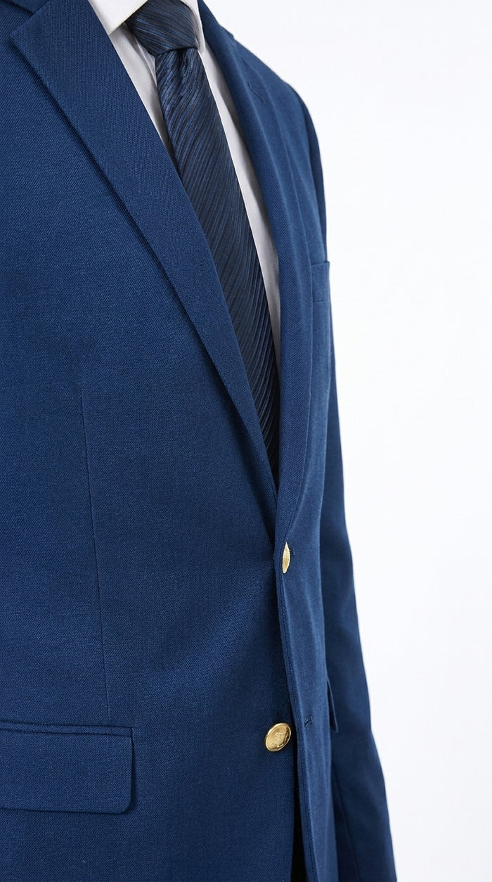 Men’s Sapphire Indigo Cobalt Blue Blazer with Gold Buttons – Classic Single Breasted Formal Business Jacket for Office, Wedding