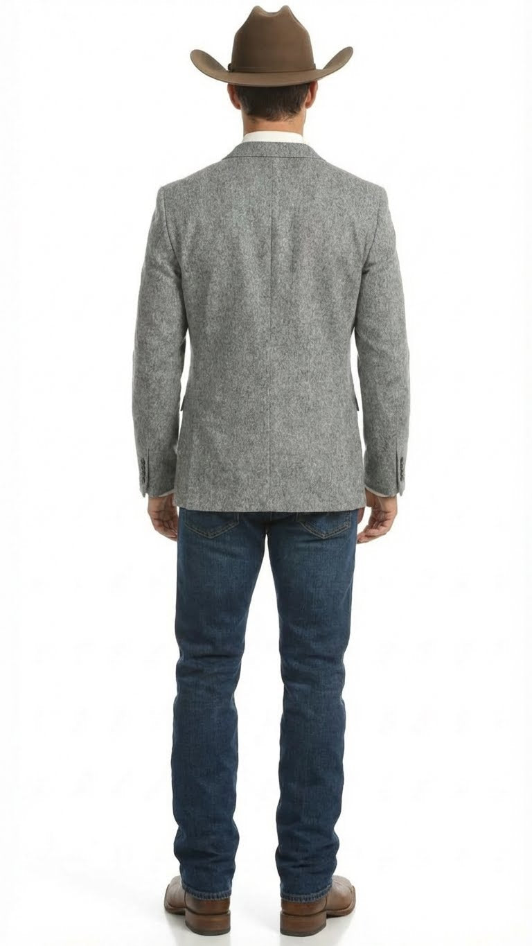 Men's Grey Tweed Herringbone Western Blazer Jacket  Style Look, Textured Formal Casual Sport Coat for Jeans - Image 2