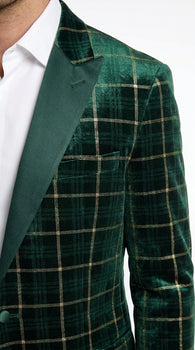 Men’s Green and Gold Plaid Christmas Holiday Blazer – Classic Check Party Jacket for New Year, Wedding and Festive New Year event