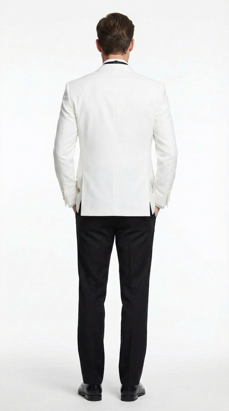 Men's White Dinner Jacket Tuxedo Blazer with Black Satin Shawl Lapel  With Black Tuxedo Pants - Image 2