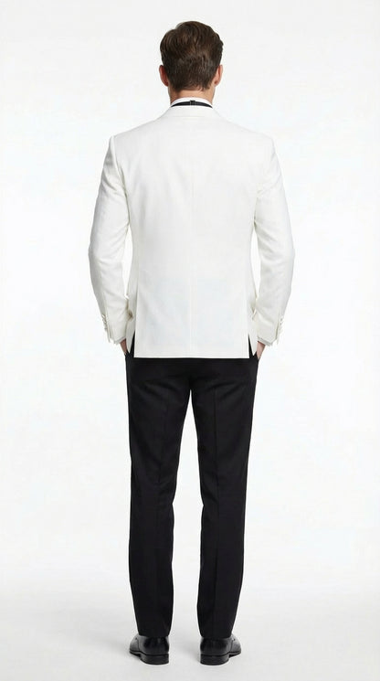 Men's White Dinner Jacket Tuxedo Blazer with Black Satin Shawl Lapel  With Black Tuxedo Pants - Image 2