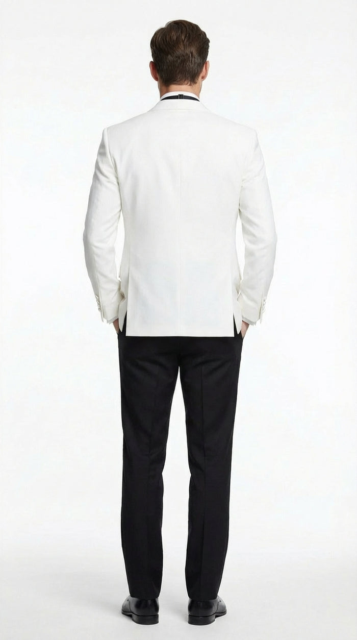 Men's White Dinner Jacket Tuxedo Blazer with Black Satin Shawl Lapel  With Black Tuxedo Pants - Image 2