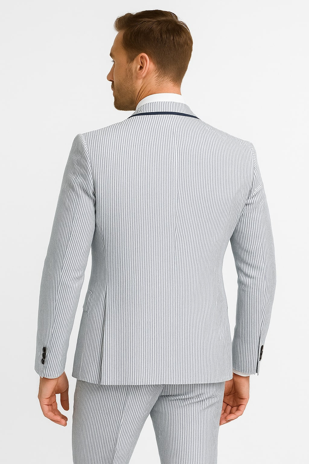 Men's White and Navy Pinstripe Suit with Contrast Trim – 3-Piece Seersucker Style Set for Weddings and Summer Events - Image 3