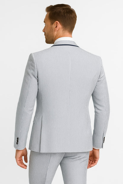 Men's White and Navy Pinstripe Suit with Contrast Trim – 3-Piece Seersucker Style Set for Weddings and Summer Events - Image 3