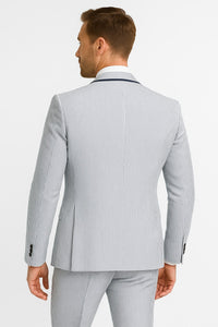 Men's White and Navy Pinstripe Suit with Contrast Trim – 3-Piece Seersucker Style Set for Weddings and Summer Events
