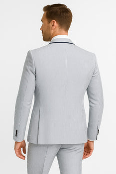 Men's White and Navy Pinstripe Suit with Contrast Trim – 3-Piece Seersucker Style Set for Weddings and Summer Events - Image 3