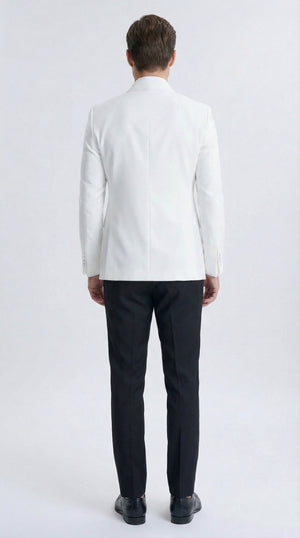Men’s White Double Breasted Dinner Jacket Blazer with Black Pants – Formal Tuxedo Style Outfit for Weddings