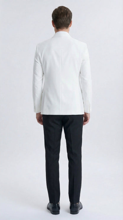 Men’s White Double Breasted Dinner Jacket Blazer with Black Pants – Formal Tuxedo Style Outfit for Weddings