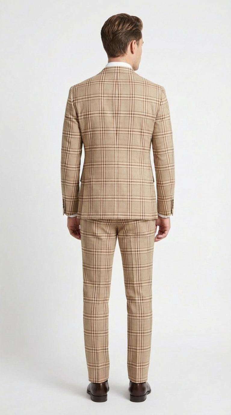 Beige Tan Plaid windowpane Two Piece Suit for Men | Classic Checkered Formal Suit with Jacket and Pants by Rossiman - Image 2