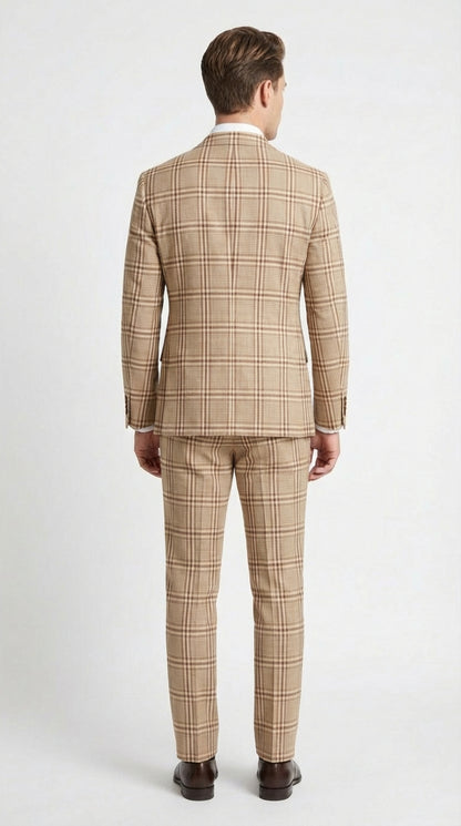 Beige Tan Plaid windowpane Two Piece Suit for Men | Classic Checkered Formal Suit with Jacket and Pants by Rossiman - Image 2