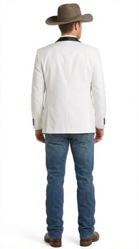 Men’s White Cowboy Blazer with Black Satin Lapel – Western Formal Tuxedo Style Jacket