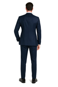 Men’s Navy Blue Tuxedo with Satin Peak Lapel with navy sateen  – 3 Piece Formal Suit with Vest and Bow Tie
