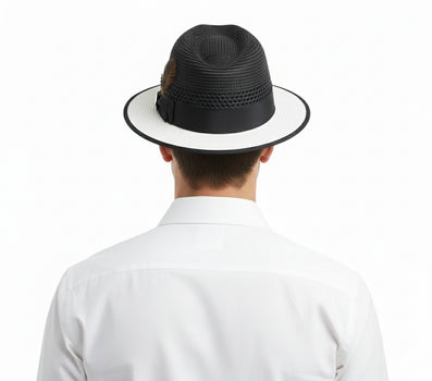Men’s Two-Tone Black and White Fedora Hat with Feather Accent – Stylish Summer Dress Hat