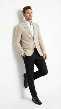 Zacchi Men’s Beige Hopsack Blazer – Classic Two Button Sport Coat with Peak Lapel Formal Jacket