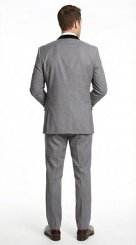 Men’s Light Gray Three Piece Suit with Black Chesterfield Collar  – Classic Formal Wedding and Business Suit Set 1920s Vintage
