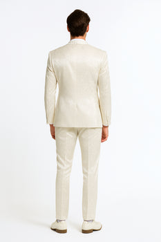Men’s Champaign Ivory  Jacquard Paisley Tuxedo Suit with Satin Shawl Lapel – Elegant Wedding and Prom Outfit By Rossiman