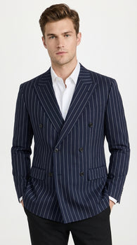Mens Navy Blue Pinstripe Double Breasted Blazer Sport Coat – Classic Formal Business Jacket for Party and Smart Casual Wear