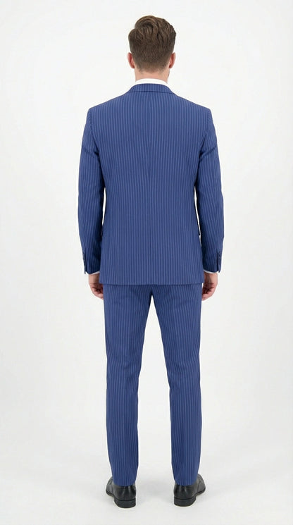 Men’s Royal Blue Pinstripe Three Piece Suit – Classic Formal 3PC Business and Wedding Suit Indigo Teal Saphire Pinstripe