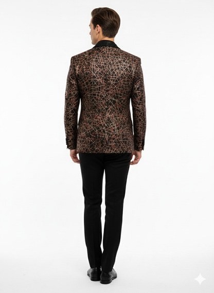 Men’s Black Shiny Designer Blazer with Red and Gold Pattern – Luxury Party & Wedding Jacket