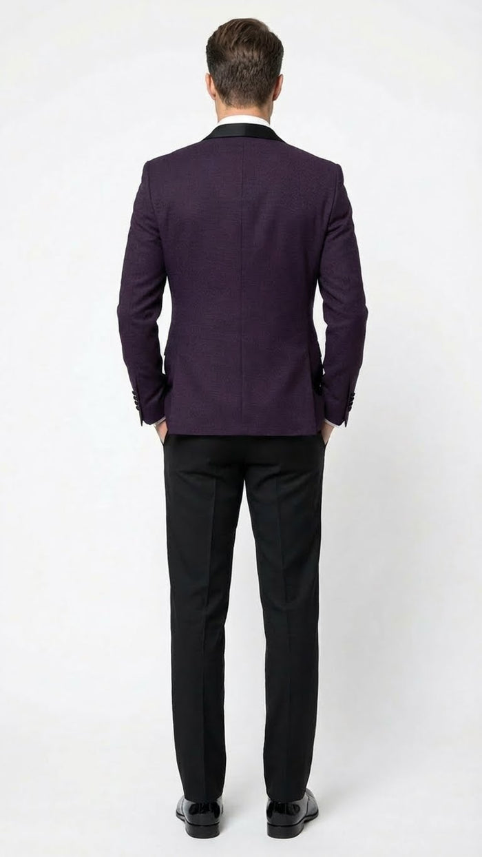 Men’s Eggplant Plum Purple Tuxedo Blazer with Satin Lapel, White Tuxedo Shirt and Matching Purple Bow Tie - Slim Fitted - Prom wedding Suit With Pants