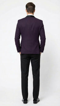 Men’s Eggplant Plum Purple Tuxedo Blazer with Satin Lapel, White Tuxedo Shirt and Matching Purple Bow Tie - Slim Fitted - Prom wedding Suit With Pants