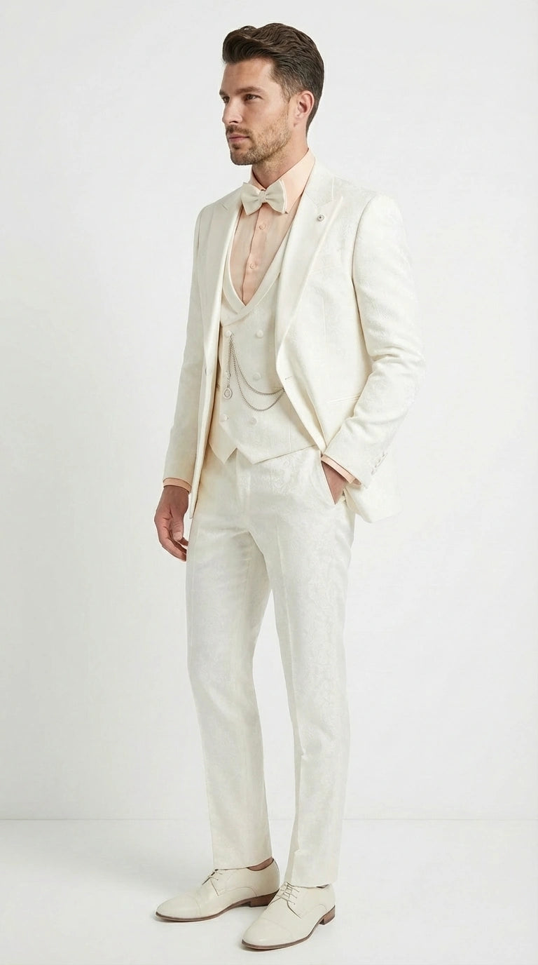 Vinci Men’s Ivory Three Piece Suit – Ivory 3PC Formal Wedding Suit for Groom, Prom and Black Tie Events  Modern Fit