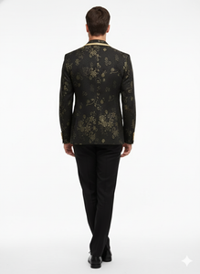 Men’s Black and Gold Embroidered Luxury Blazer – Designer Floral Pattern Wedding & Party Jacket (Sim534)