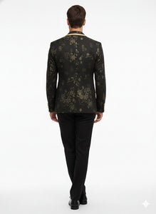 Men’s Black and Gold Embroidered Luxury Blazer – Designer Floral Pattern Wedding & Party Jacket (Sim534)