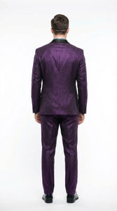 Mens Purple Shimmer Mardi Gras Suit with Black Satin Lapel – Shiny Metallic Formal Party and Carnival Suit Sequin Look