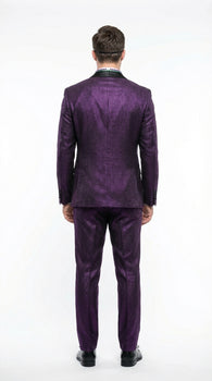 Mens Purple Shimmer Mardi Gras Suit with Black Satin Lapel – Shiny Metallic Formal Party and Carnival Suit Sequin Look